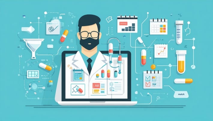 An icon showing a hospital pharmacist or data analyst organizing medication data on a tablet or screen with floating icons representing different drug categories eg cytotoxic sterile mAbs Include symbols like a filter or funnel for data cleaning a ch