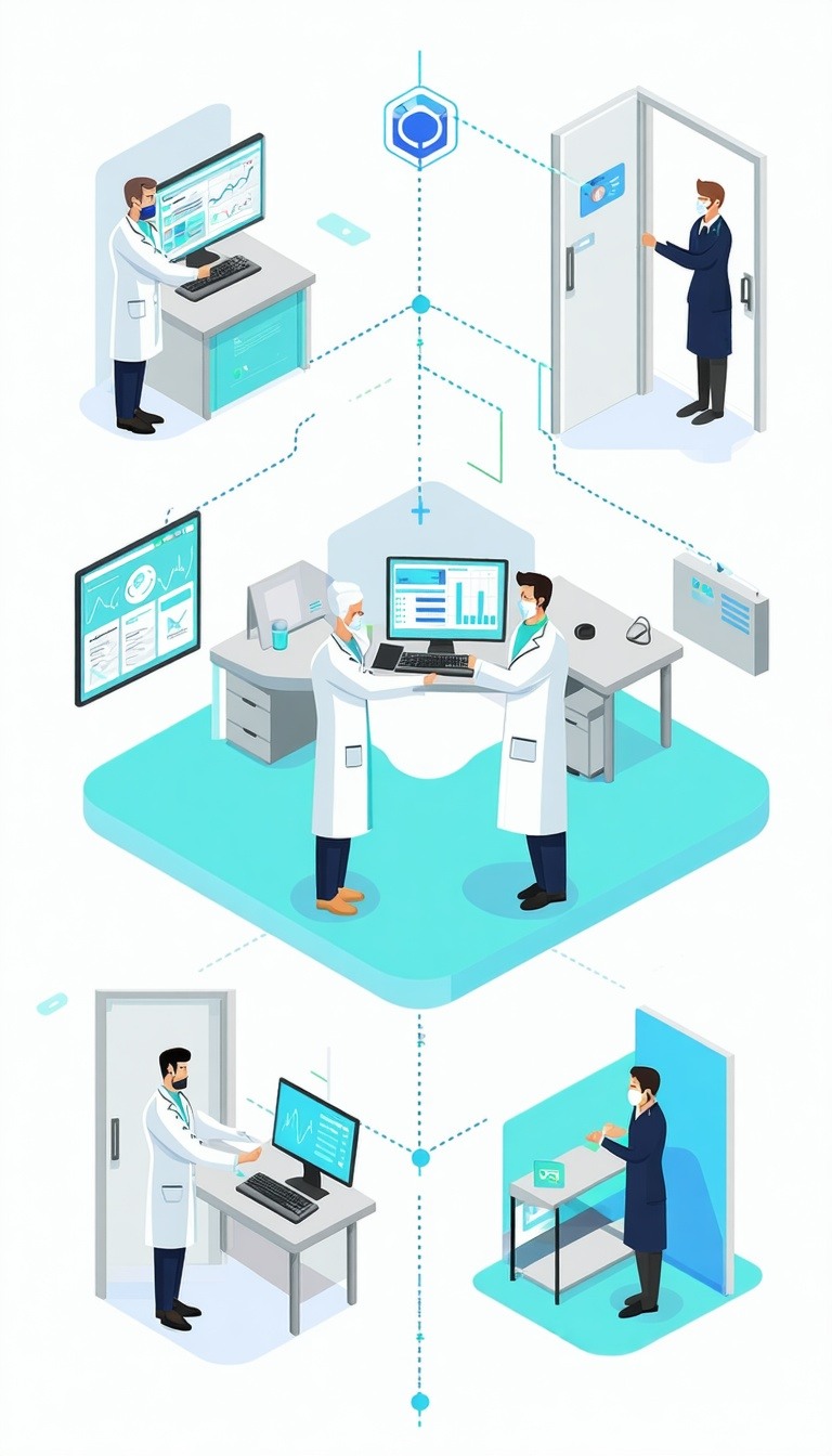 Style Clean flat vector  medical  professionalColor palette White soft blue turquoise light gray HoofdillustratieCentrale cleanroomOmringd door Strategische samenwerking handshake euroicoon Tactische voorbereiding teamplanning rapportagebord Operatio
