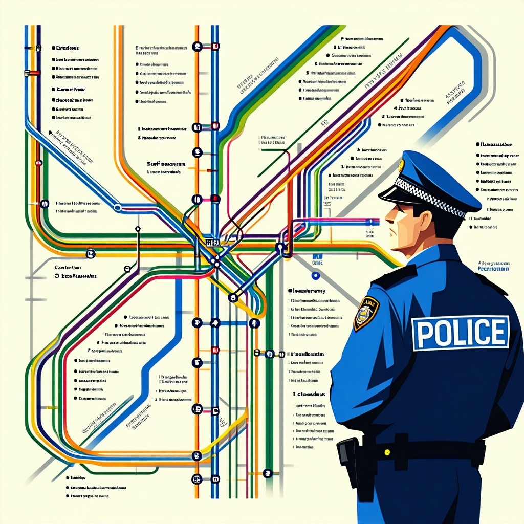 Stylised metro map with colourful lines showing career paths in police roles A police officer looks at the map symbolising growth and selfleadership